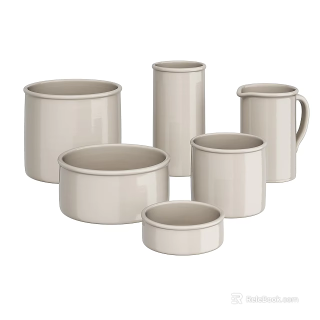 Collection of Ceramic Vessels with Various Shapes in Neutral Tones for Home Decor 3d model 