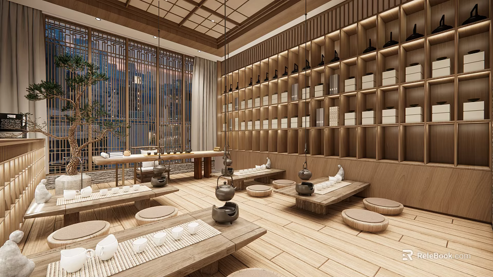 Japanese Style Teahouse Interior With Wooden Shelves Tatami Seating And Traditional Tea Sets 3d model 