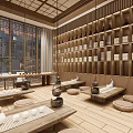 Japanese Style Teahouse Interior With Wooden Shelves Tatami Seating And Traditional Tea Sets