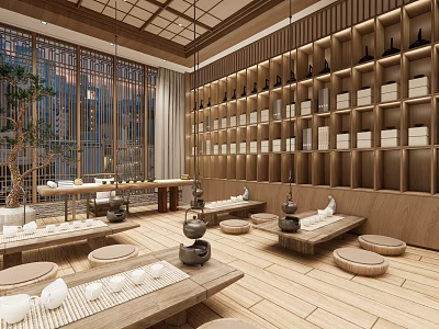 Japanese Style Teahouse Interior With Wooden Shelves Tatami Seating And Traditional Tea Sets 3d model