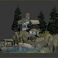 Cartoon Scene Featuring Island House with Chimney Pine Trees Boat Rocks and Water