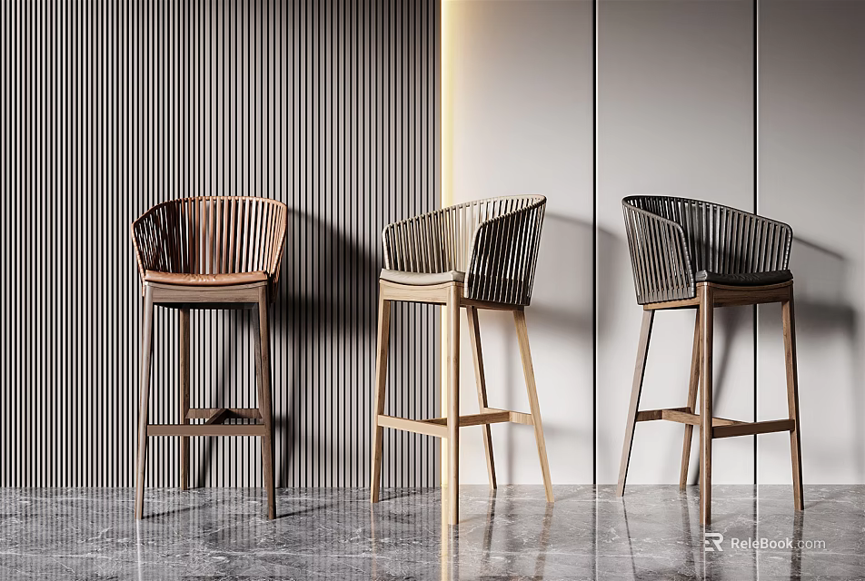 Modern Wooden Bar Stools With Woven Details Against Vertical Stripe Wall Interior 3d model 