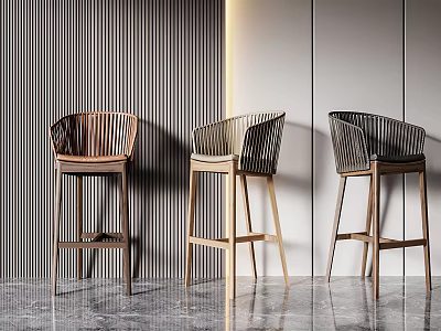 Modern Wooden Bar Stools With Woven Details Against Vertical Stripe Wall Interior 3d model
