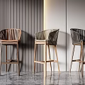 Modern Wooden Bar Stools With Woven Details Against Vertical Stripe Wall Interior
