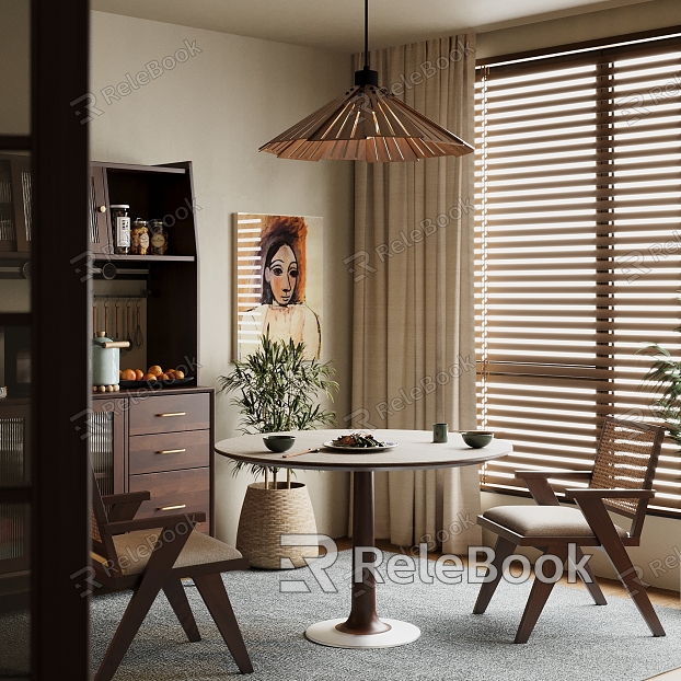 Modern Restaurant Sideboard Dining Table Rattan Chair Potted Hanging Picture Venetian Blinds model