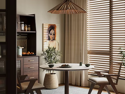 Restaurant Interior With Round Dining Table Wooden Chairs Pendant Lamp Blinds Decorative Painting And Plants 3d model