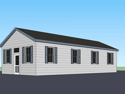 Single Story House Exterior With White Siding Black Roof And Multiple Windows 3d model