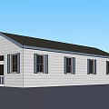 Single Story House Exterior With White Siding Black Roof And Multiple Windows
