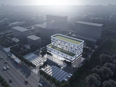 Modern Multi Story Office Building Featuring Green Roof Parking Area And Surrounding Trees 3d model