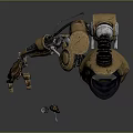 Character With Biomechanical Prosthetic Leg In Dark Background Featuring Yellow Brown Metal Components And Fragments
