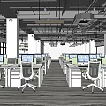 Modern Public Office Space With Spacious Workstations Computer Monitors And White Office Chairs 3d model