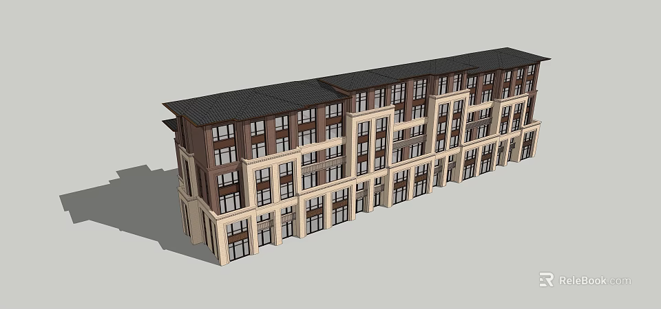 Classic Modern Multi Story Residential Building With Brown Beige Facade And Black Roof 3d model 