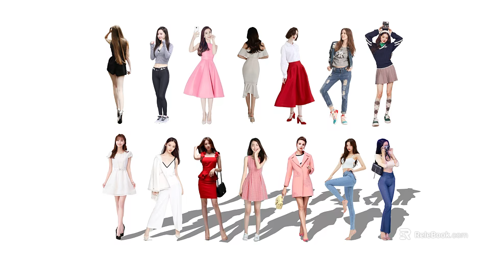 Group of Women in Various Poses Wearing Stylish Dresses Pants and Outfits 3d model 