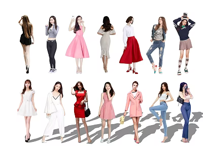 Group of Women in Various Poses Wearing Stylish Dresses Pants and Outfits 3d model