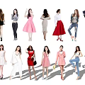 Group of Women in Various Poses Wearing Stylish Dresses Pants and Outfits