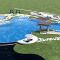 Luxury Outdoor Pool Area With Gazebo Loungers Umbrellas Steps And Green Lawn