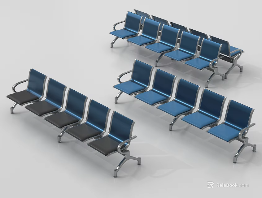 Public Seats With Blue Black Upholstery And Metal Frame For Waiting Area 3d model 