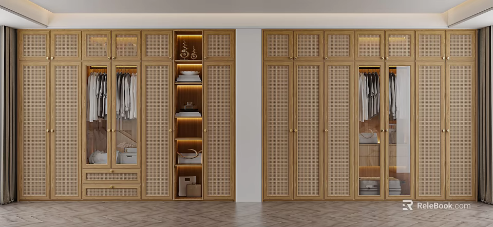 Modern Wooden Closet Interior Design With Sliding Doors Hanging Rods And Storage Shelves 3d model 