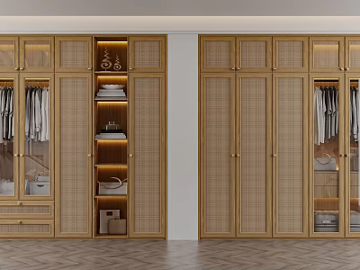 Modern Wooden Closet Interior Design With Sliding Doors Hanging Rods And Storage Shelves 3d model