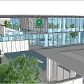 Modern Sales Office Building With Glass Curtain Wall And Pool Water Reflection Greenery