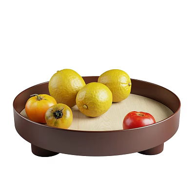 Three Fresh Lemons and Two Orange Red Tomatoes on a Brown Wooden Tray 3d model