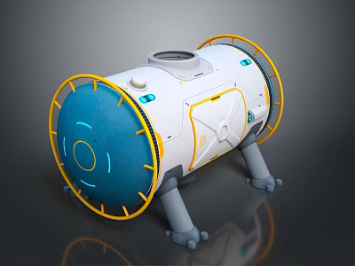 Industrial Equipment With Cylindrical Structure Blue White Body Yellow Ring Borders And Gray Support Legs 3d model