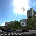 Modern Office Complex With Green Roofs Surrounded By Plaza Trees And Urban Roads