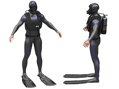 A Man In Full Diving Suit With Oxygen Tank And Flippers 3d model