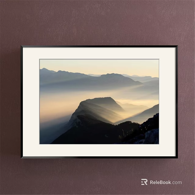 Framed Mountain Landscape Painting With Misty Peaks And Sunset Light 3d model 