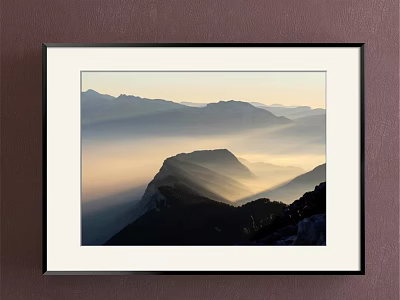Framed Mountain Landscape Painting With Misty Peaks And Sunset Light 3d model