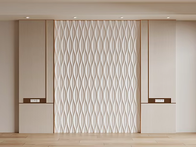 Stylish Bedroom Accent Wall With White Diamond Wave Pattern Beige Panels And Wooden Flooring 3d model