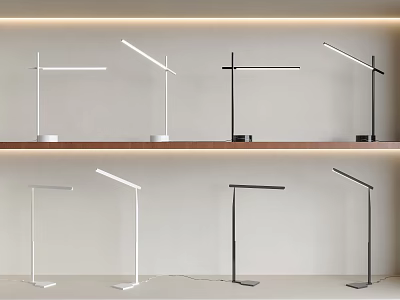 Modern Minimalist Desk Lamps With Various Styles White And Black Displayed On Wooden Shelf 3d model