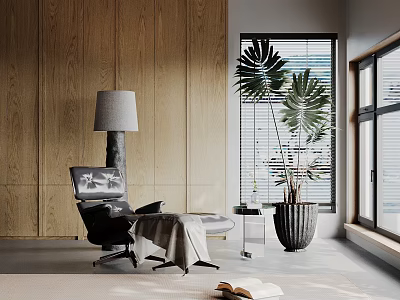 Stylish Leisure Chair in Cozy Room with Wooden Walls Floor Lamp and Large Potted Plant 3d model
