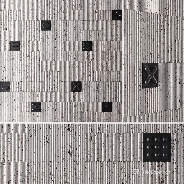 Rough Textured Wall Design With Vertical Stripes And Black Square Decor Elements 3d model 