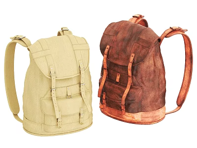 Beige Canvas And Brown Leather Backpacks With Adjustable Straps And Multiple Pockets 3d model