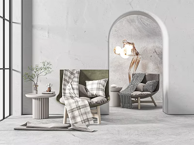 Cozy Green Lounge Chair With Plush Pillows Soft Blanket Round Side Table And Modern Interior Design 3d model