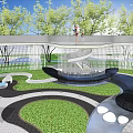 Modern Outdoor Pergola With Green Trees Fountain Lawn And People Under Blue Sky