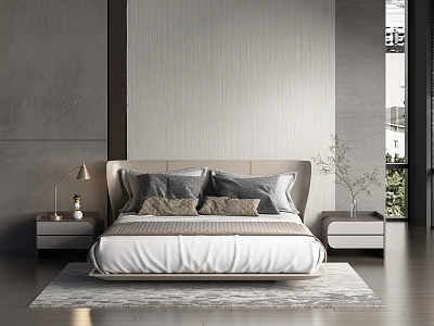 Modern Background Double Bed Interior With Gray Wall Nightstand Lamp Carpet And Window 3d model