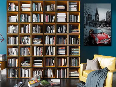 Large Bookshelf Filled With Stacked Books Beside Yellow Sofa And Wall Art 3d model
