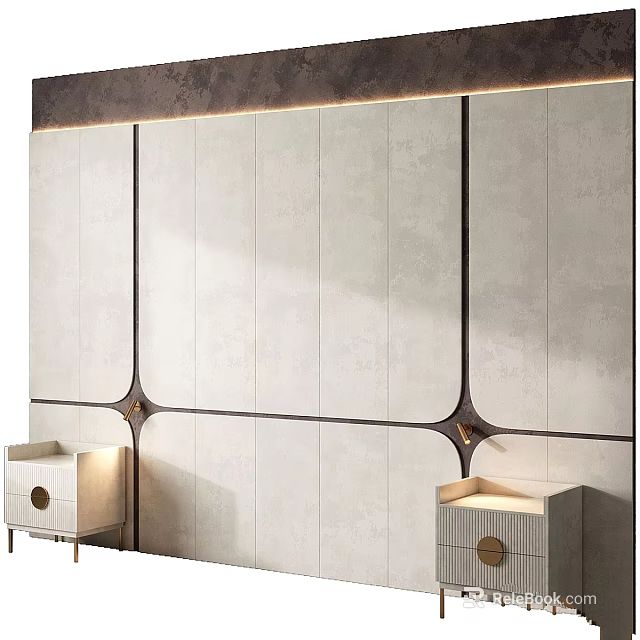 Modern Wall Design With Integrated Cabinets And Bedside Tables Featuring Lighting 3d model 