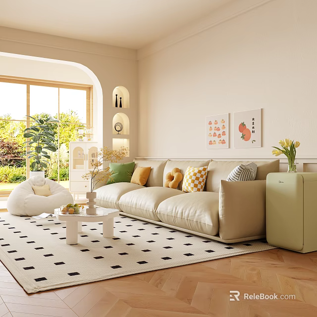 Cozy Beige Sofa Coffee Table Set With Colorful Cushions Green Plants And Decorative Paintings 3d model 