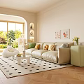 Cozy Beige Sofa Coffee Table Set With Colorful Cushions Green Plants And Decorative Paintings