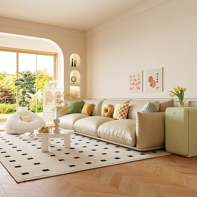 Cozy Beige Sofa Coffee Table Set With Colorful Cushions Green Plants And Decorative Paintings 3d model