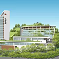 Modern Hospital Building Exterior Design With Green Trees And Vehicles Nearby