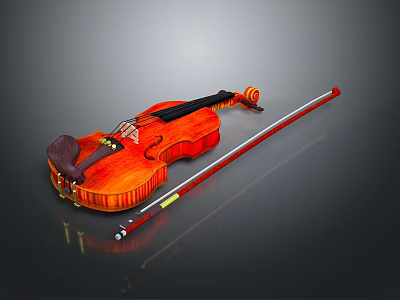 Shiny Orange Wooden Violin With Bow On Gray Background And Clear Reflection 3d model