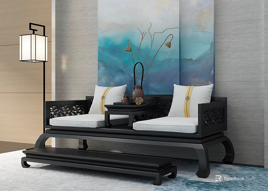 Chinese Luohan Bed with White Cushions Yellow Stripes Tea Table Blue Gray Painting Floor Lamp 3d model 
