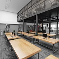 Modern Two Level Laboratory With Wooden Workbenches Desktop Computers And Robotic Arms