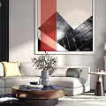Modern Living Room Sofa and Coffee Table Set with Gray Upholstery Artwork Red Accent Chair