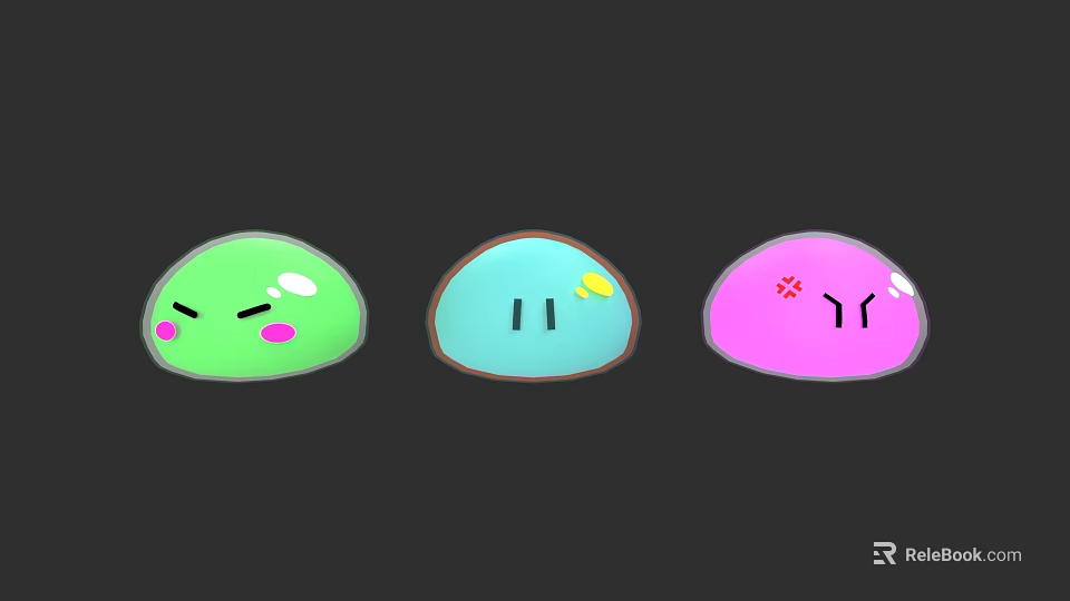 Colorful Round Cartoon Creatures With Different Expressions In Green Blue Pink 3d model 