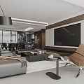Modern Living and Dining Room Interior With Dark Leather Sofa Coffee Table And Wooden Bookshelves